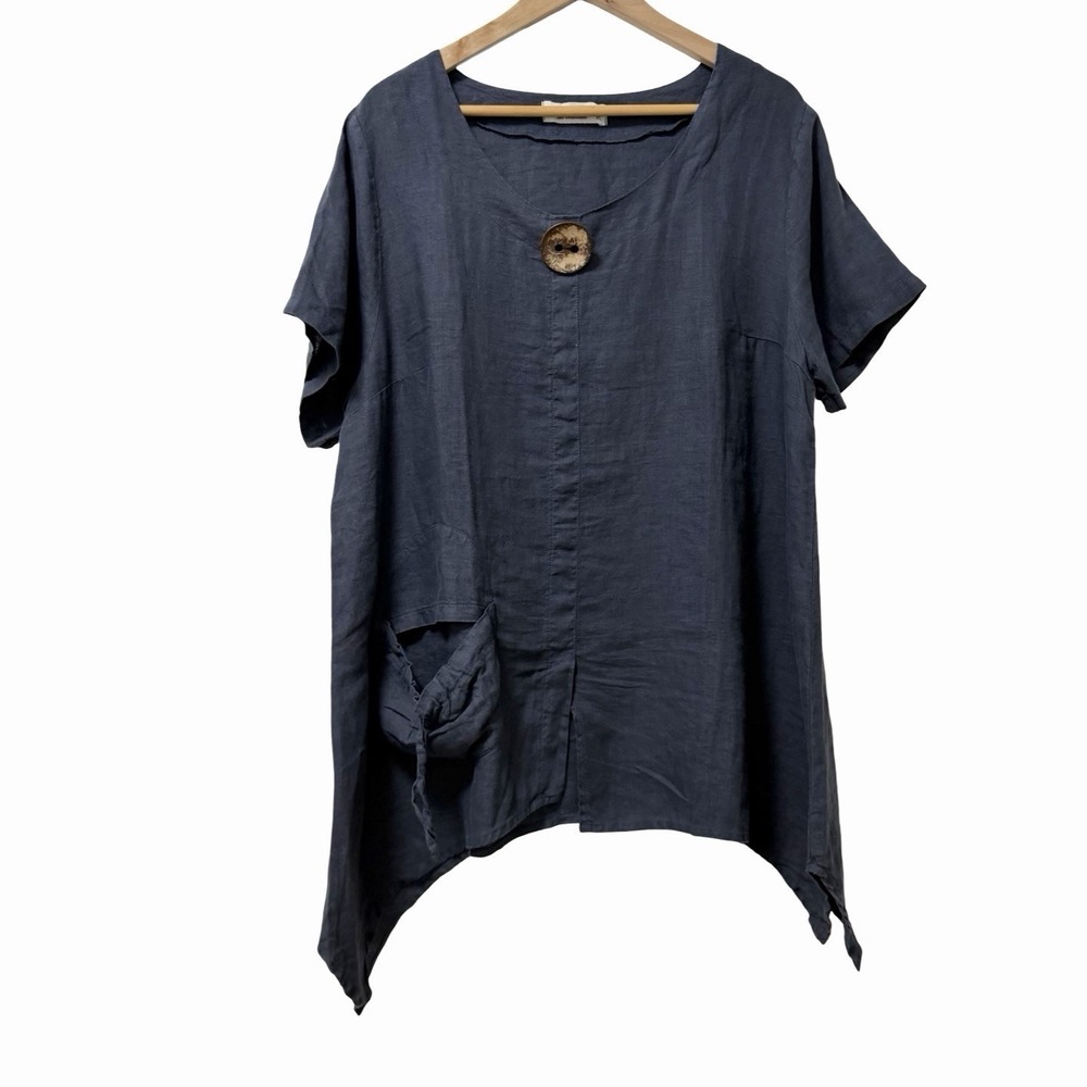 Harris Cotton Womens Linen Tunic Top Size XL Blue Asymmetrical Hem Lagenlook